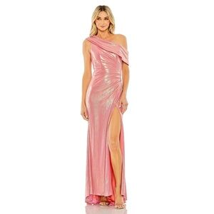 NWT $498 MAC DUGGAL ASYMMETRIC NECK METALLIC SHEATH SIDE RUCHED SLIT DRESS GOWN